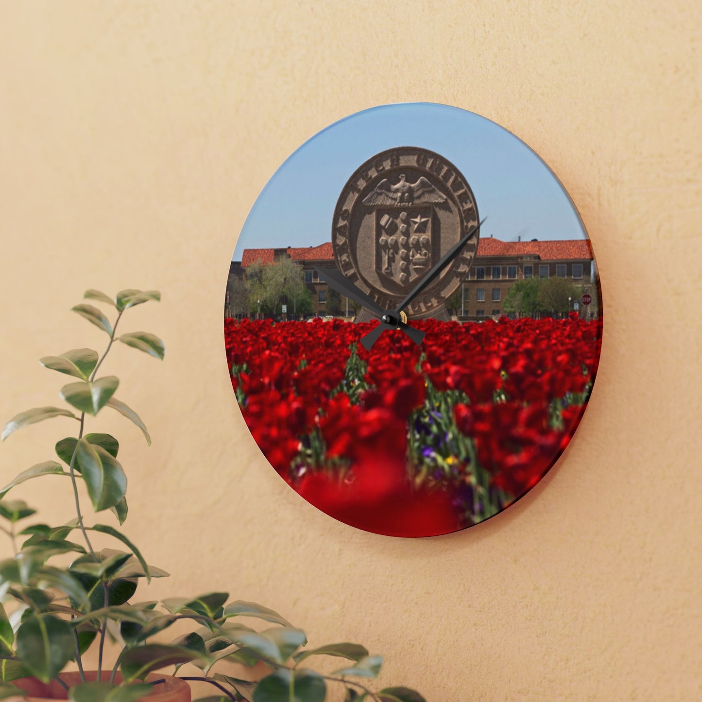 Texas Tech Inspired Floral Field Wall Clock | Acrylic Round or Square Clock | 8” or 10.75” Sizes | Red Poppy Landscape Clock | Dorm & Office Decor