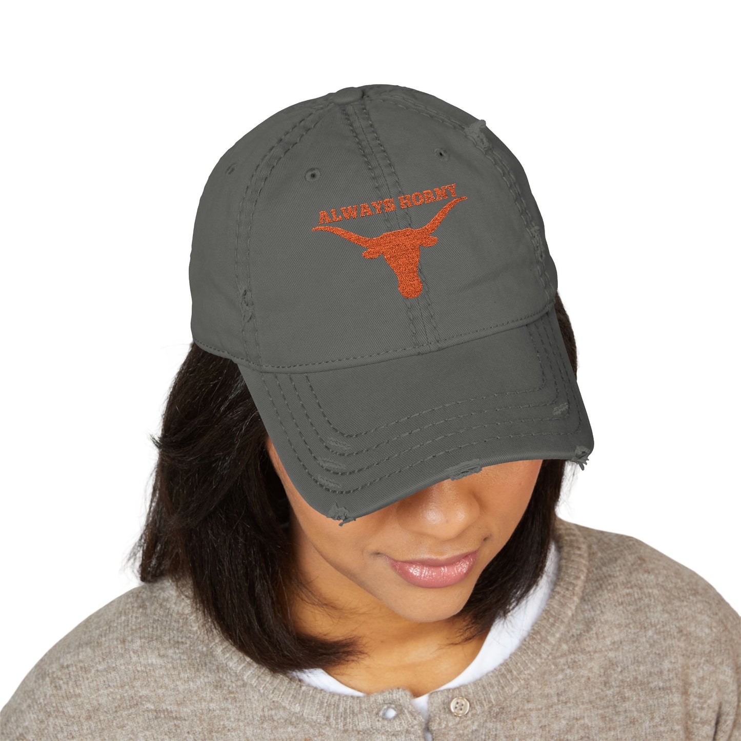 Always Horny Distressed Hat, Funny Hat Gift, Embroidered Cap, Outdoor Accessories, University of Texas Cap, UT Hat, Texas Longorn Hat