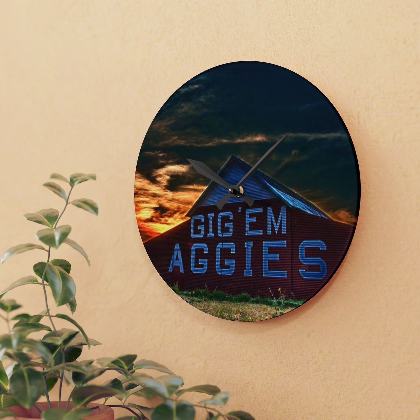 Aggie Barn Sunset Wall Clock | Acrylic Farmhouse Clock | Texas Sunset Décor | Gift for Aggie Fans, Dorm Decor
