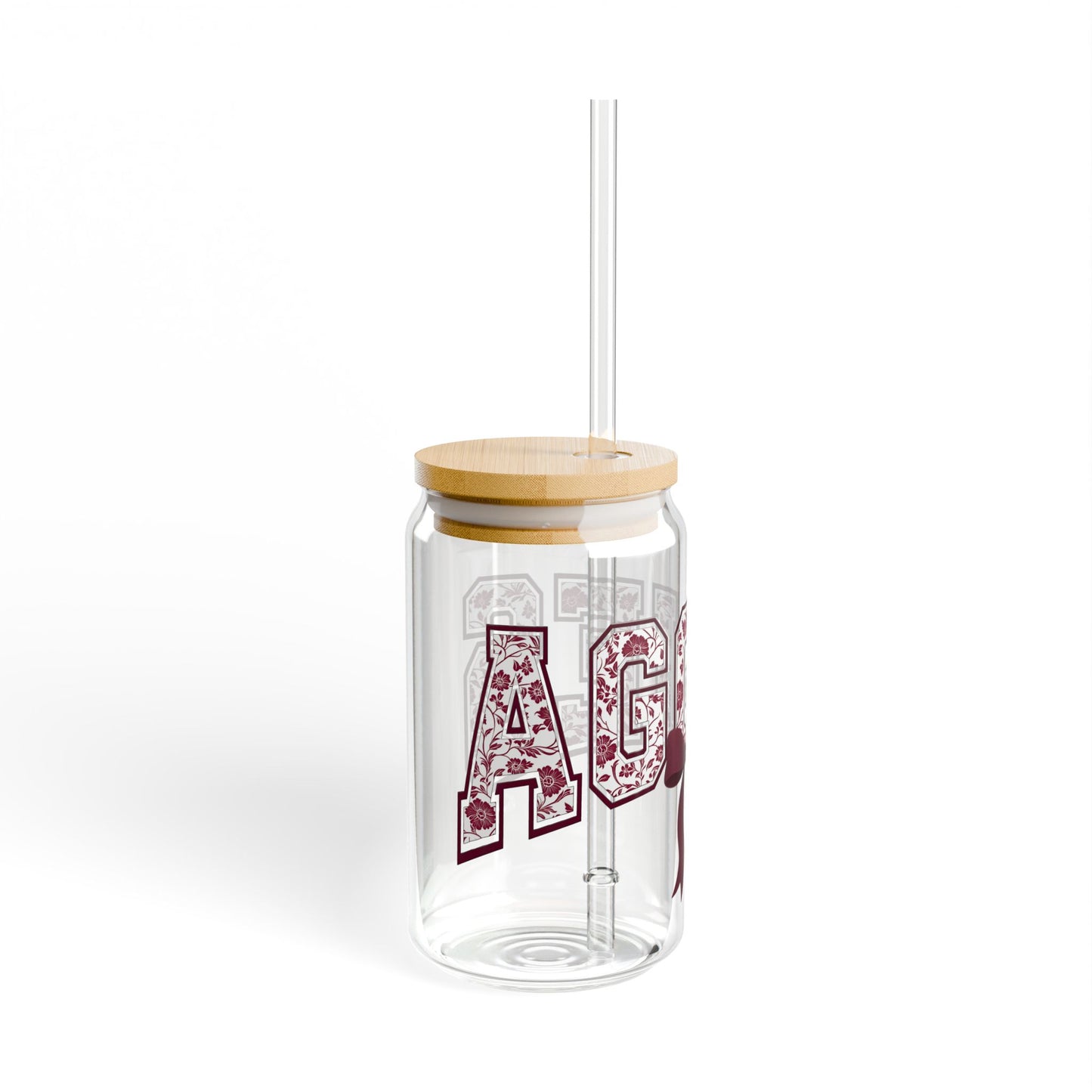 Aggies Floral Script Can Glass with Maroon Bow – 16oz Glass Cup
