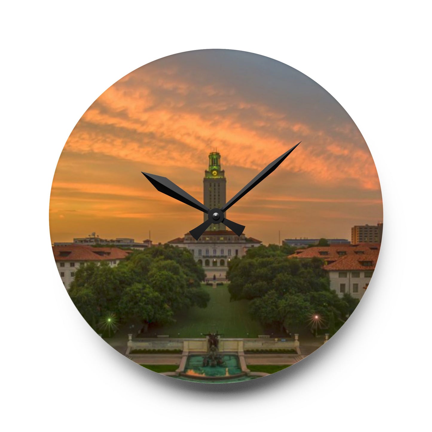 University of Texas Acrylic Wall Clock | Tower & Horse Fountain | Hook Em Horns Home Accent, University of Texas Dorm Décor