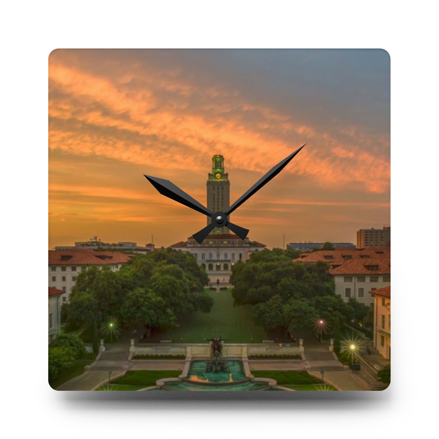 University of Texas Acrylic Wall Clock | Tower & Horse Fountain | Hook Em Horns Home Accent, University of Texas Dorm Décor