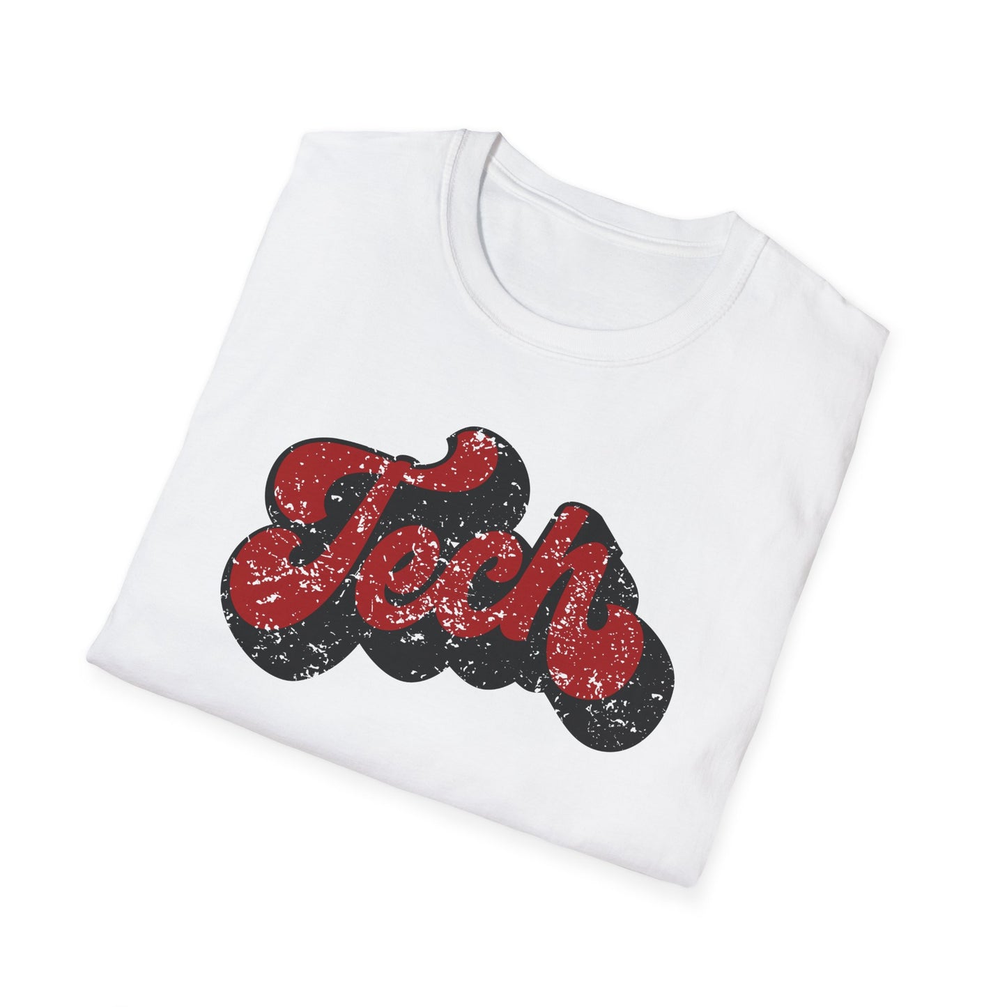 Retro “Tech” Distressed Script T-Shirt | Red & Black Groovy College Tee | Cute Game Day Shirt | Unisex Comfort Tee