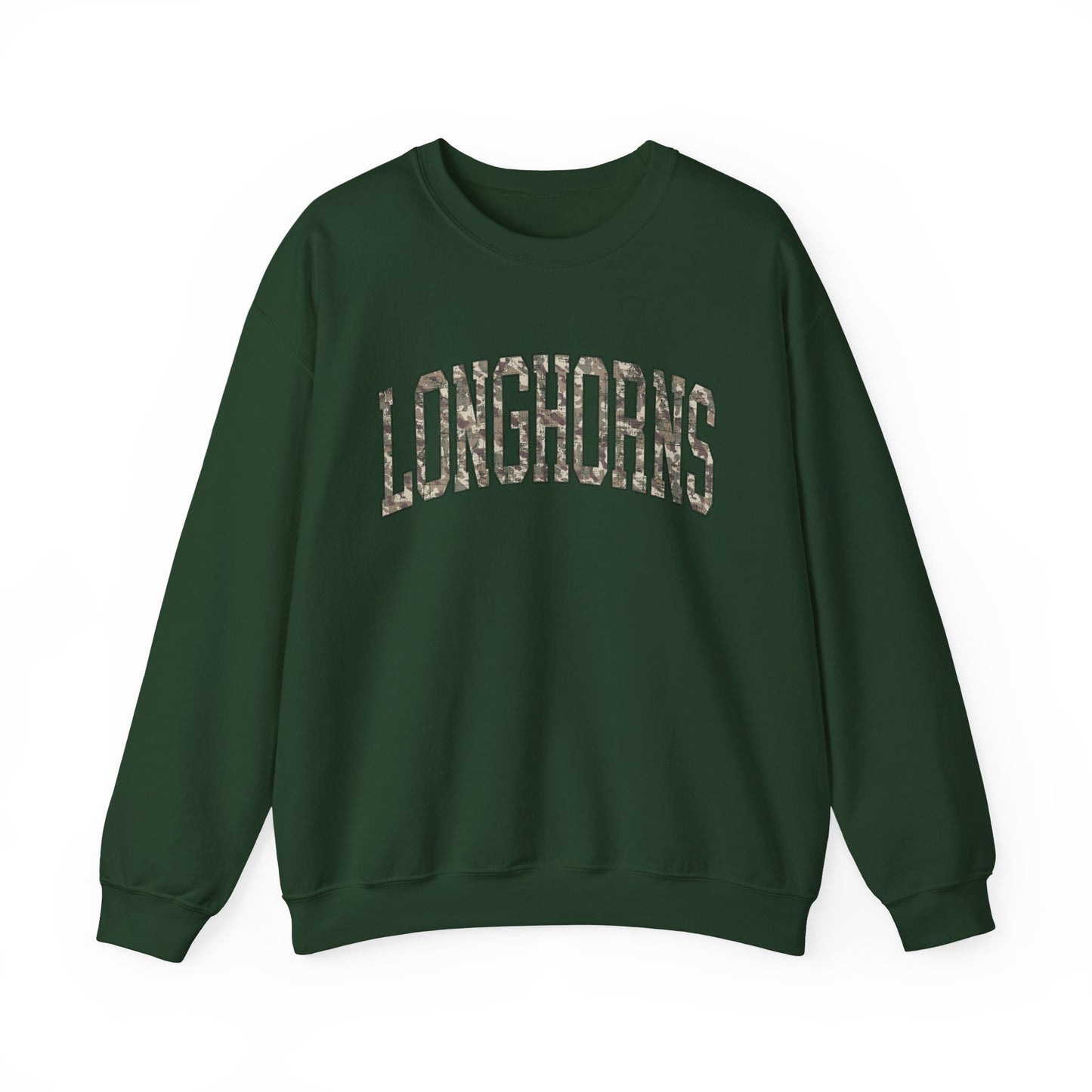 Longhorns Camo Crewneck Sweatshirt | Distressed Hunting Style | Game Day Apparel