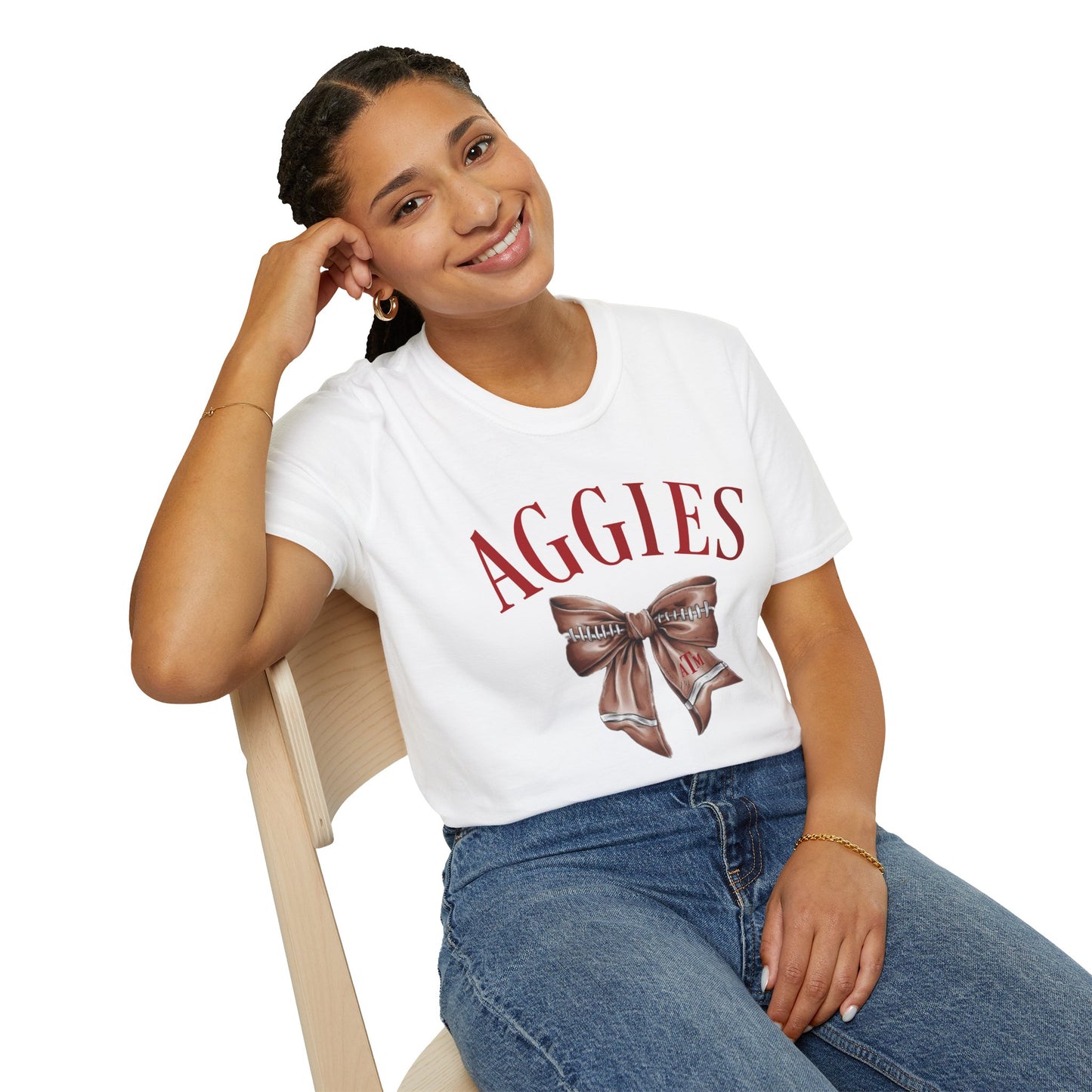 Aggies Bow Graphic Unisex Softstyle T-Shirt | Perfect for Holidays, Game Days, College Events, Gifts, Fan Gear
