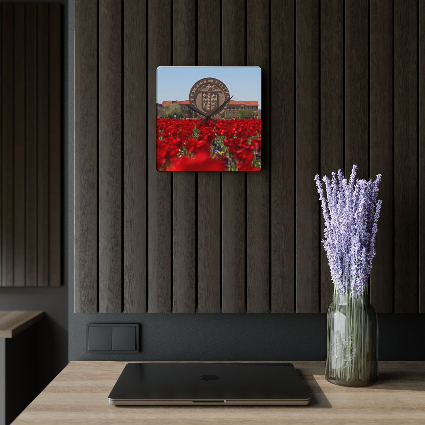 Texas Tech Inspired Floral Field Wall Clock | Acrylic Round or Square Clock | 8” or 10.75” Sizes | Red Poppy Landscape Clock | Dorm & Office Decor