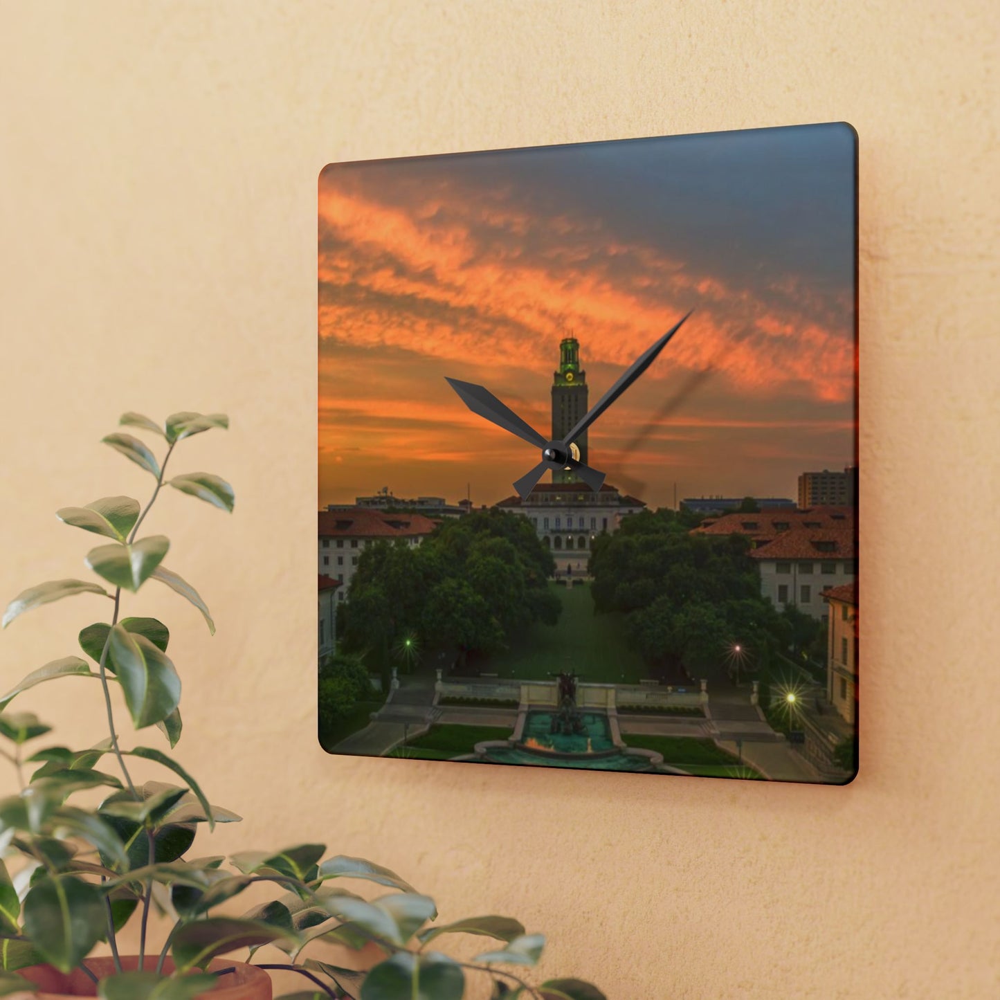 University of Texas Acrylic Wall Clock | Tower & Horse Fountain | Hook Em Horns Home Accent, University of Texas Dorm Décor