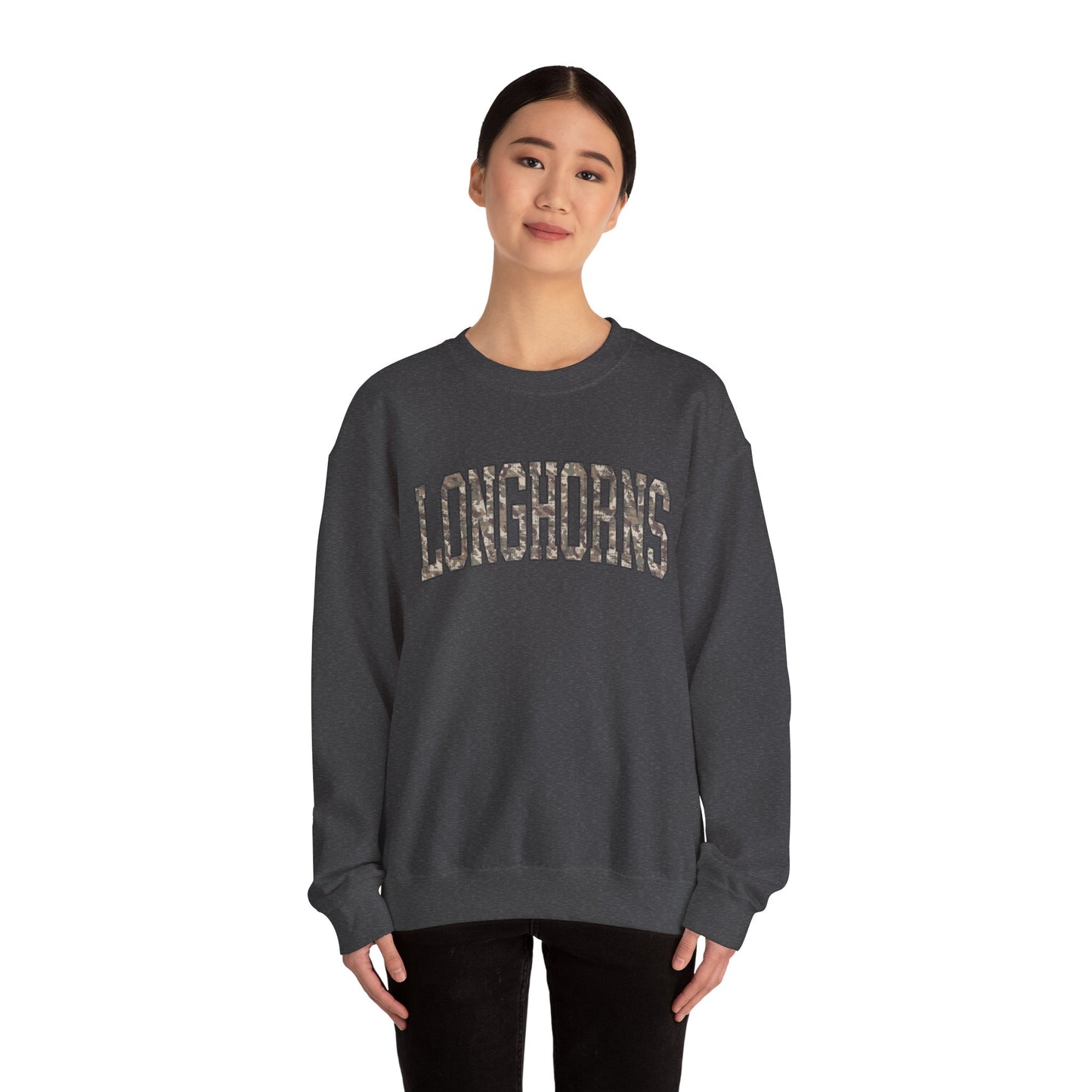 Longhorns Camo Crewneck Sweatshirt | Distressed Hunting Style | Game Day Apparel