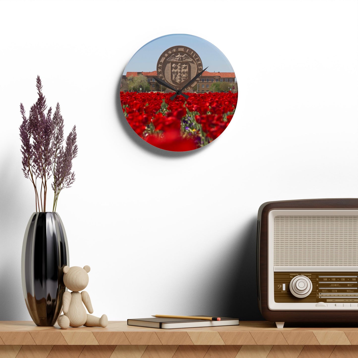 Texas Tech Inspired Floral Field Wall Clock | Acrylic Round or Square Clock | 8” or 10.75” Sizes | Red Poppy Landscape Clock | Dorm & Office Decor