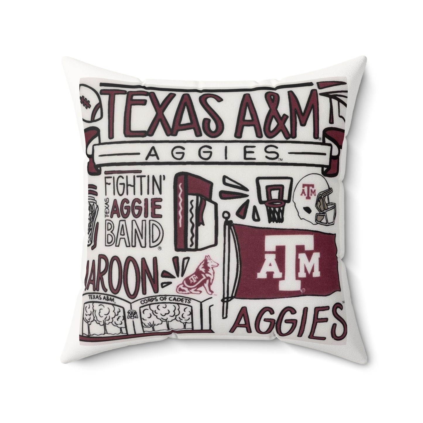 Aggies Illustrated Faux Suede Pillow | Texas Doodle Art Throw Pillow | College Spirit Home Décor | Dorm Accessory