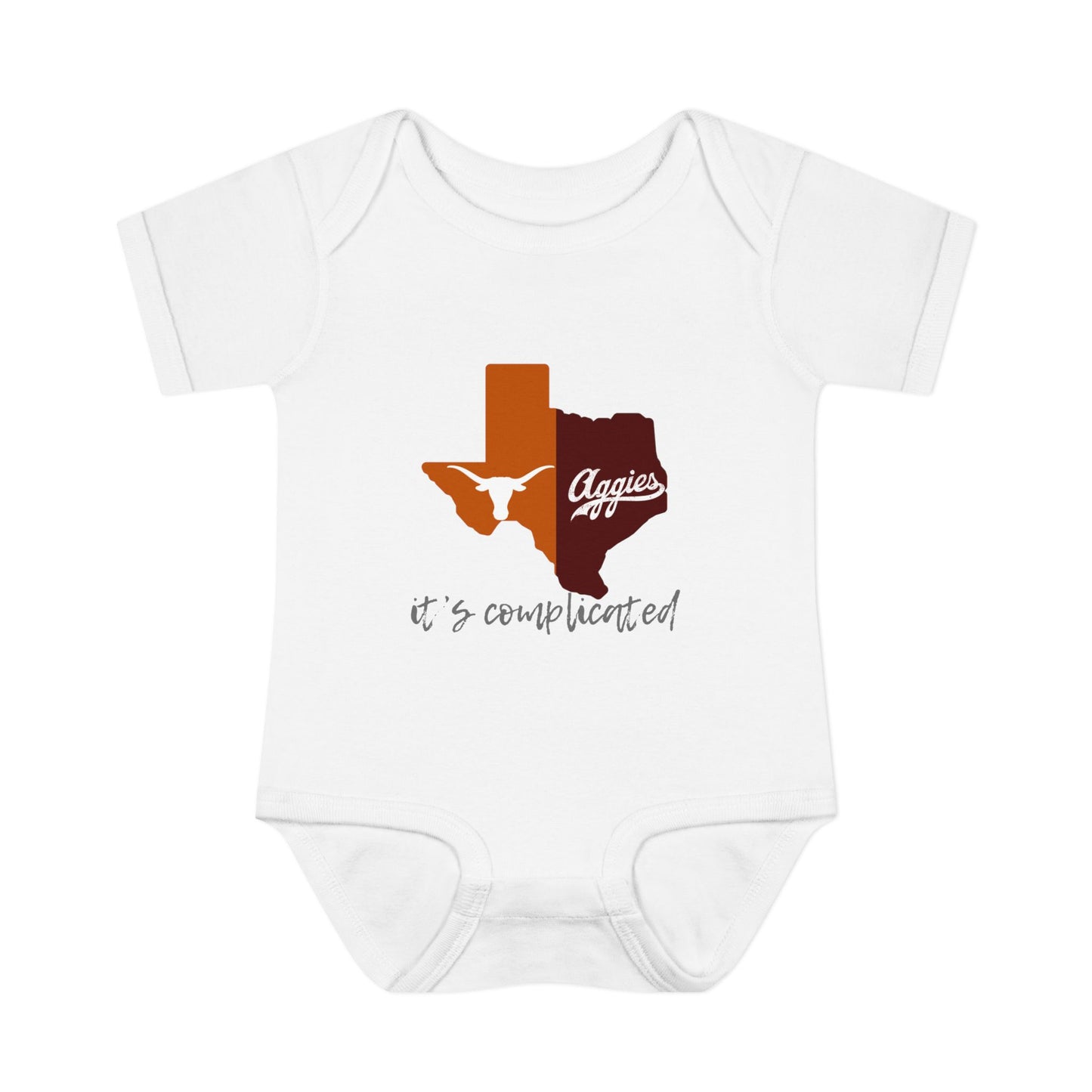 “It’s Complicated” Longhorns vs Aggies Baby Bodysuit – House Divided Infant One-Piece