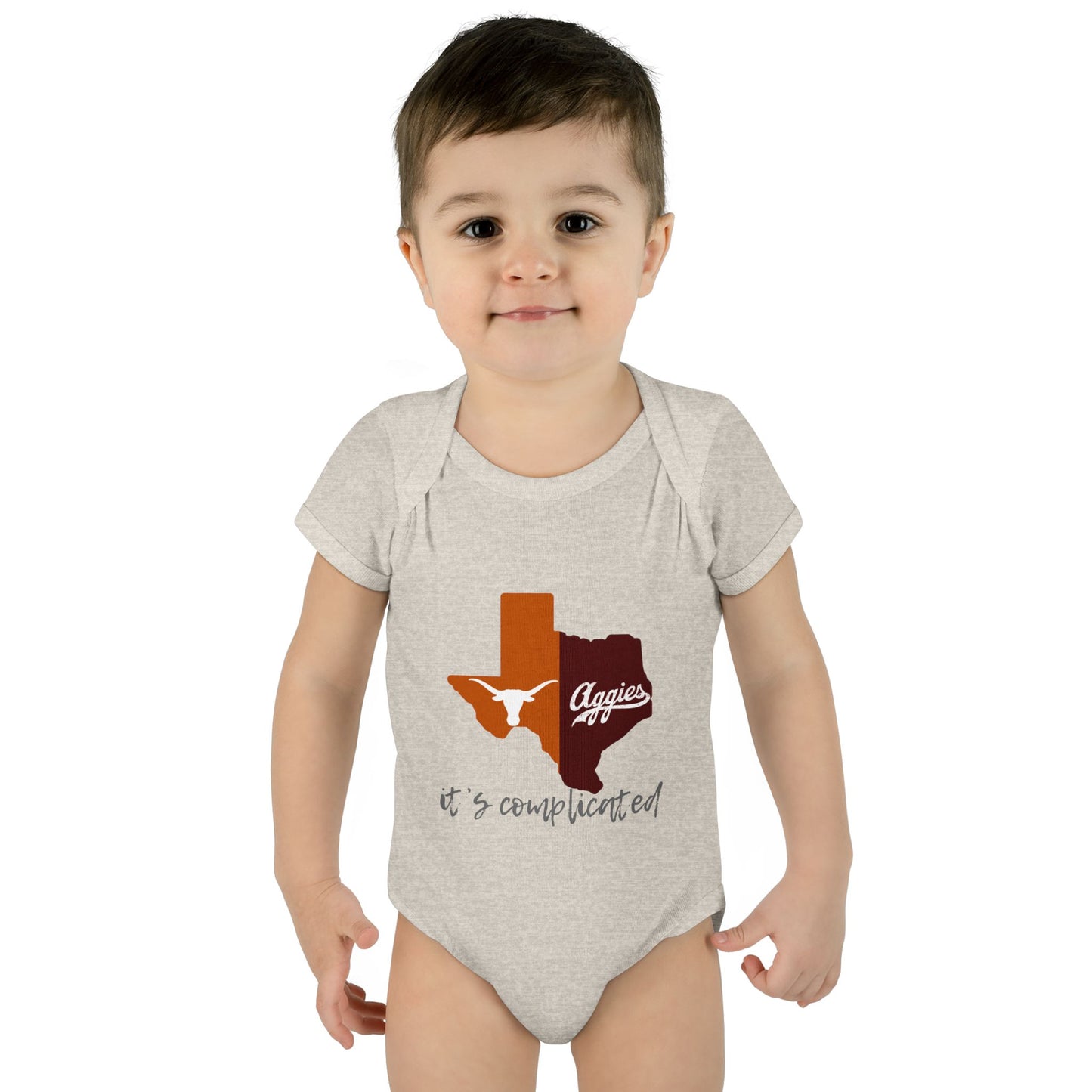 “It’s Complicated” Longhorns vs Aggies Baby Bodysuit – House Divided Infant One-Piece
