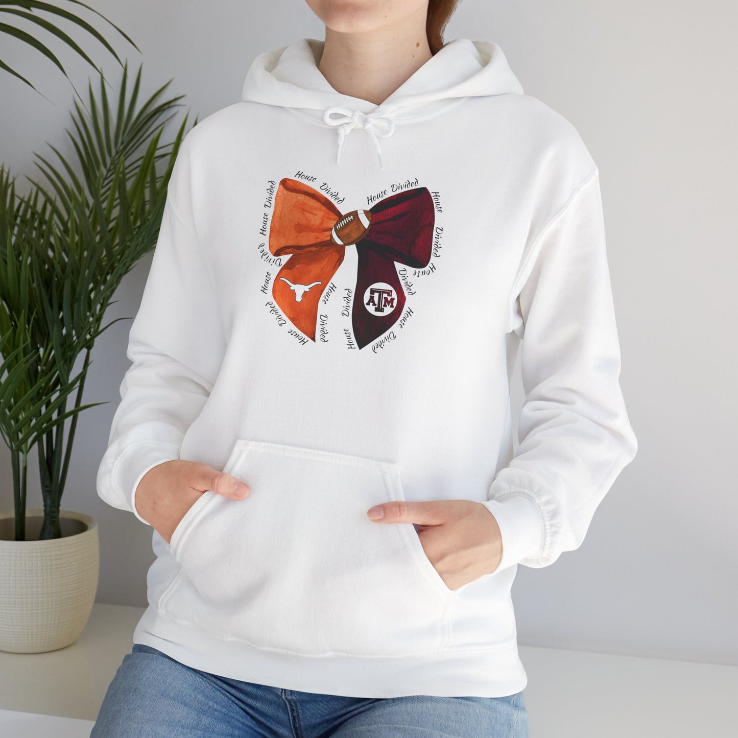 House Divided Aggies and Longhorns Spirit Bow Hoodie | Unisex Heavy Blend™ Sweatshirt, College Apparel, Game Day Outfit