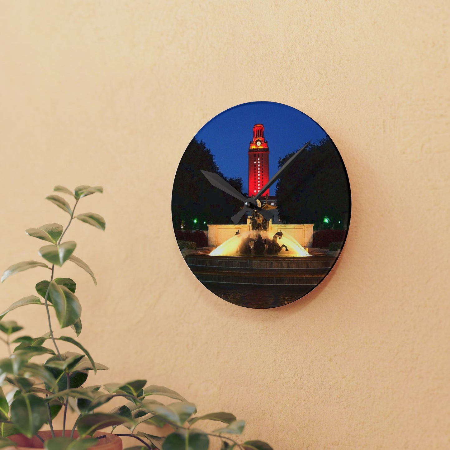 University of Texas Acrylic Wall Clock | Burnt Orange Tower & Horse Fountain | Hook Em Horns Home Accent, University of Texas Dorm Décor