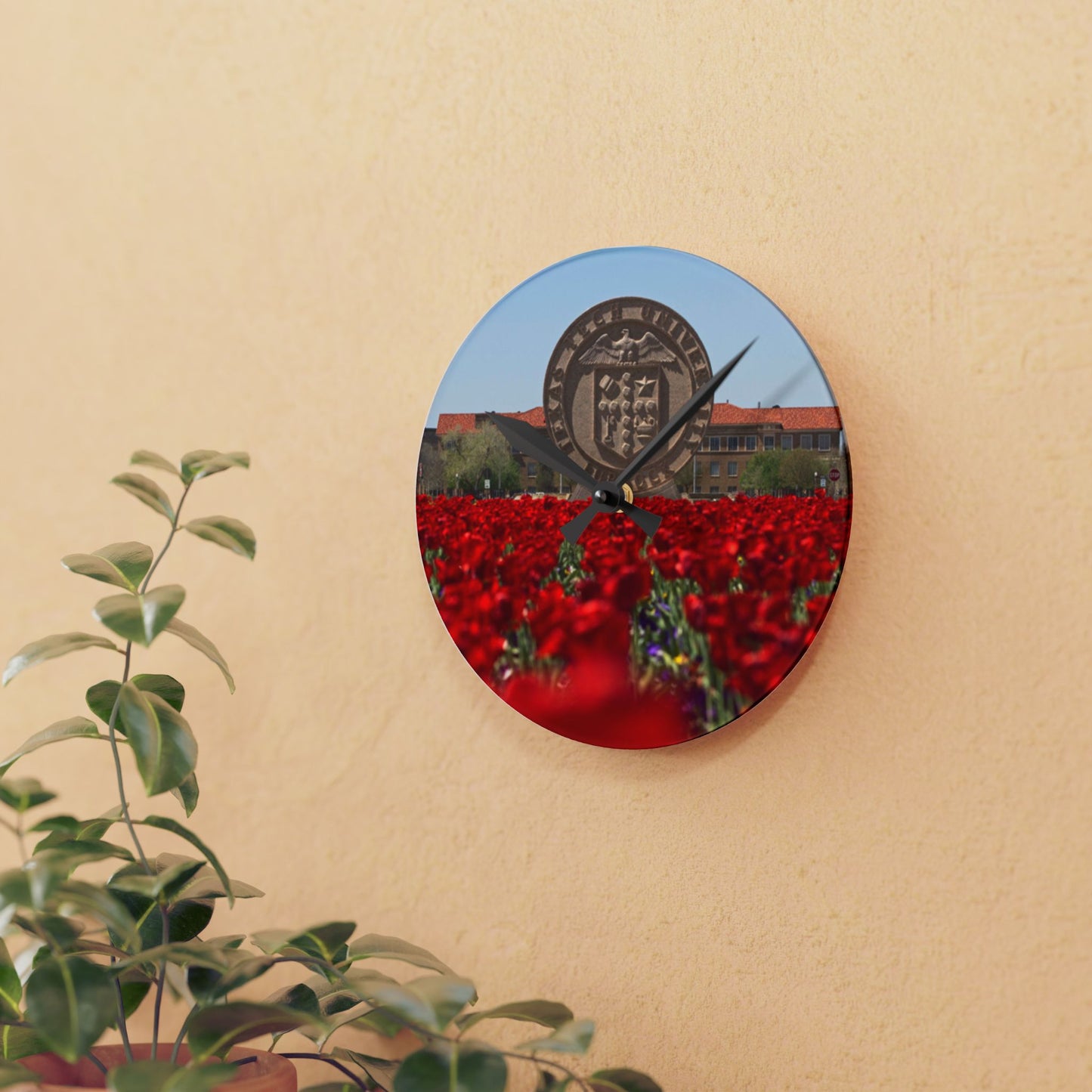 Texas Tech Inspired Floral Field Wall Clock | Acrylic Round or Square Clock | 8” or 10.75” Sizes | Red Poppy Landscape Clock | Dorm & Office Decor