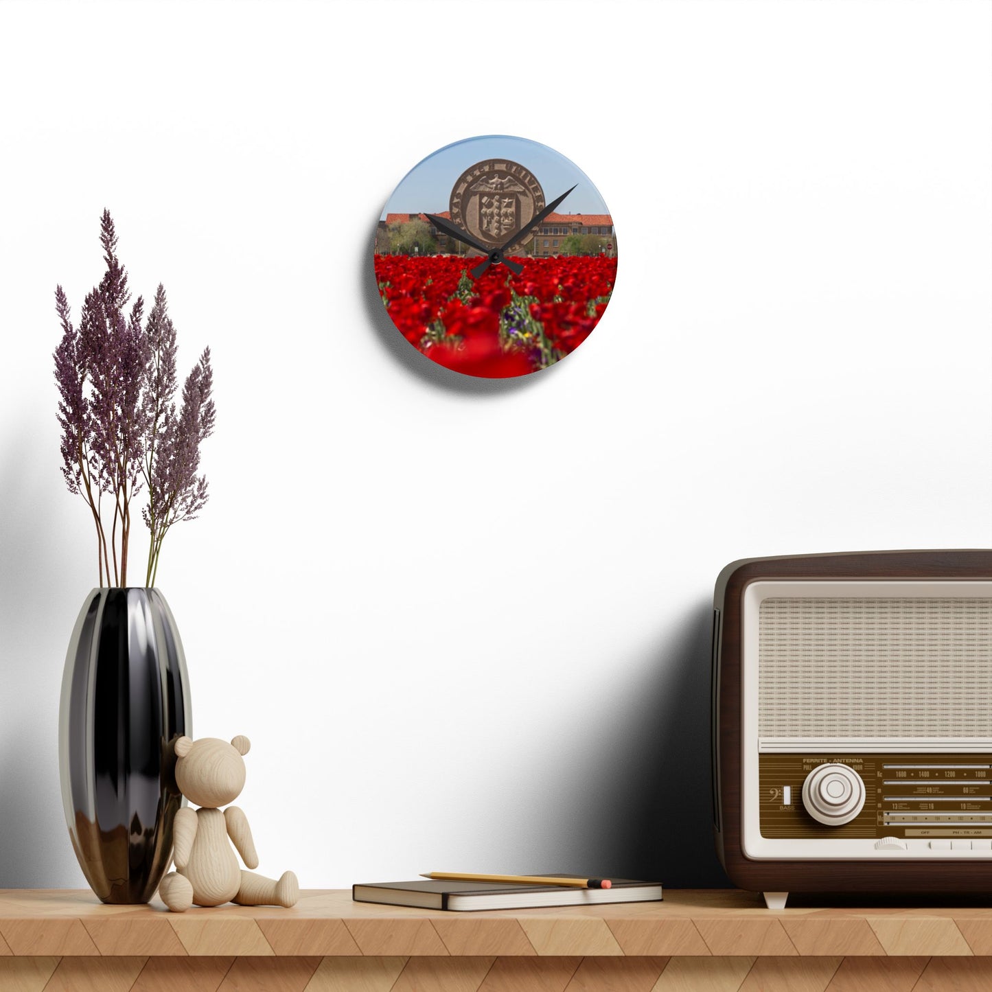 Texas Tech Inspired Floral Field Wall Clock | Acrylic Round or Square Clock | 8” or 10.75” Sizes | Red Poppy Landscape Clock | Dorm & Office Decor