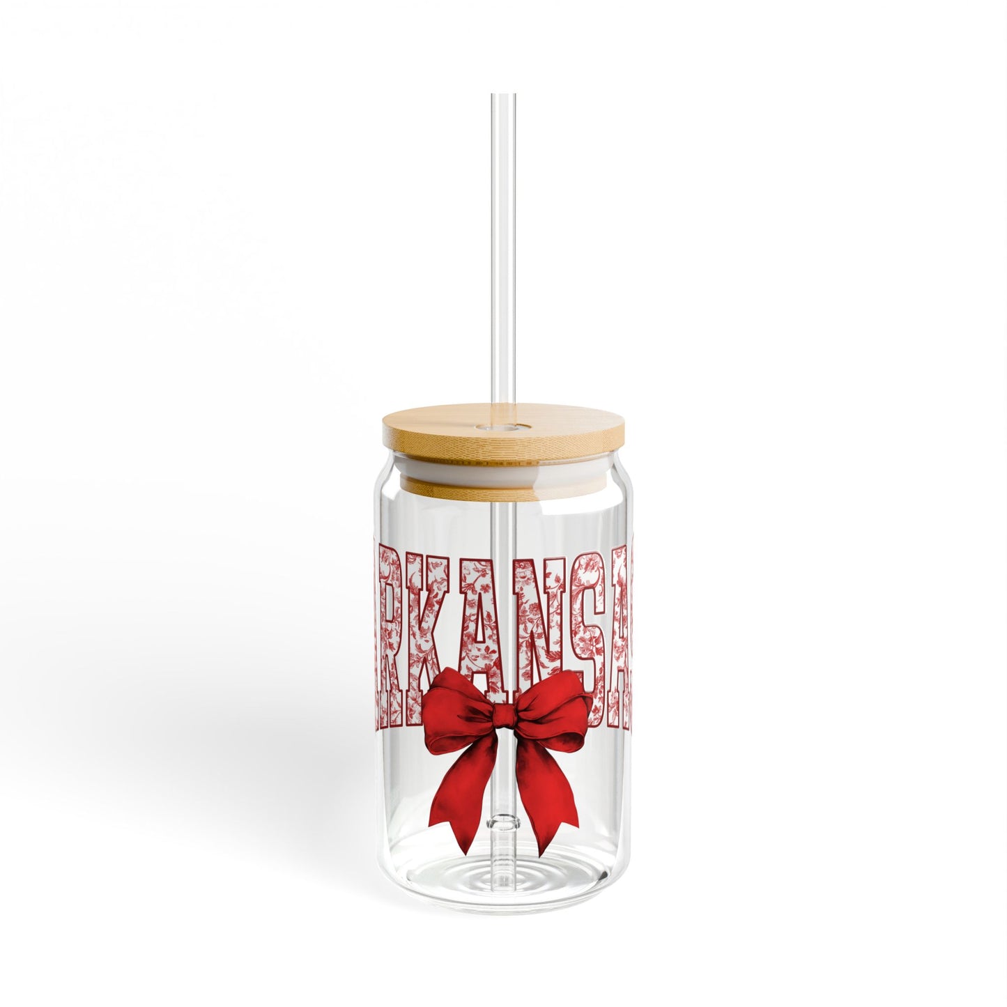 University of Arkansas Razorback 16oz Glass with Cute Bow | Razorback Tumbler, University of Arkansas Glass Tumbler