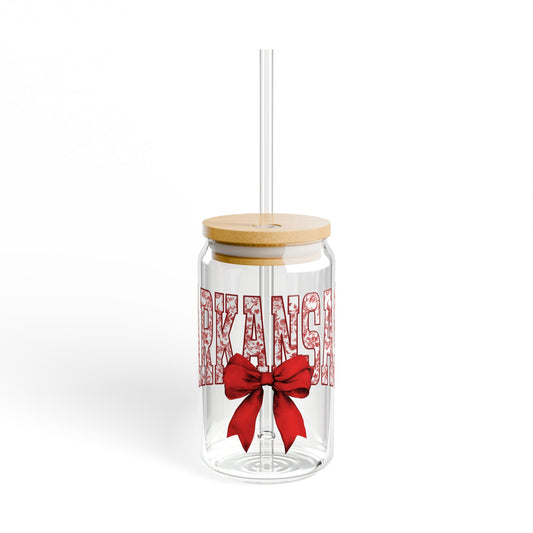 University of Arkansas Razorback 16oz Glass with Cute Bow | Razorback Tumbler, University of Arkansas Glass Tumbler