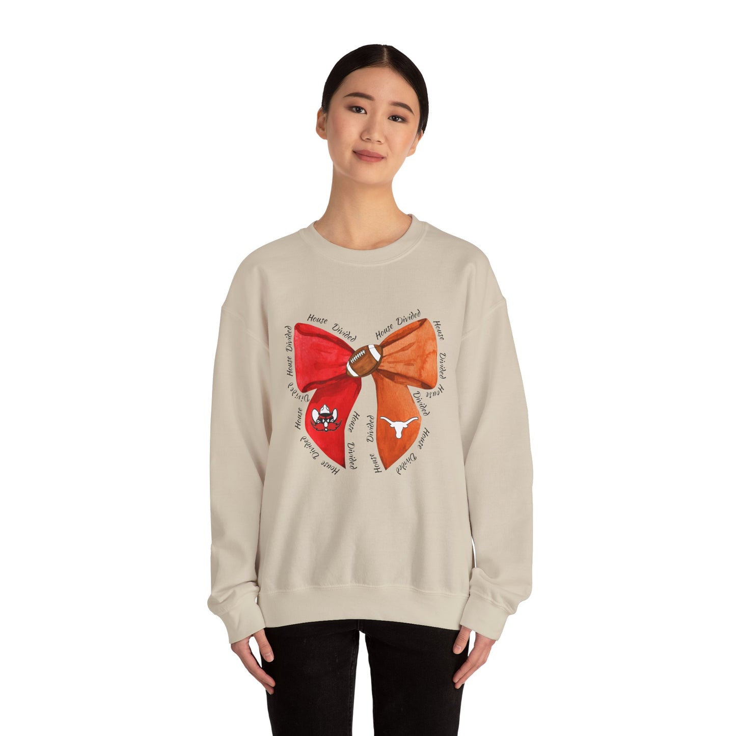 House Divided Bow Sweatshirt | Texas Rivalry Crewneck | Cute Game Day College Sweater | Red & Burnt Orange Bow