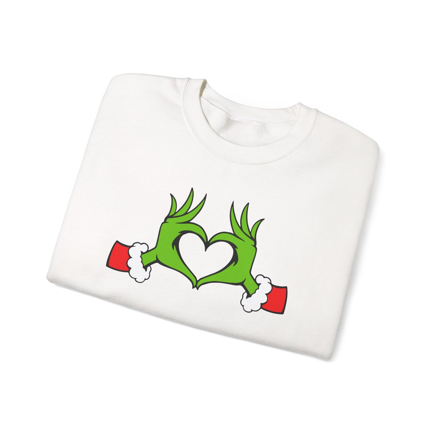 Mean One Sweatshirt, Whoville Holiday Clothing, Funny Xmas Apparel, Comfy Fleece, Whimsical Green Hands Heart Christmas Sweatshirt