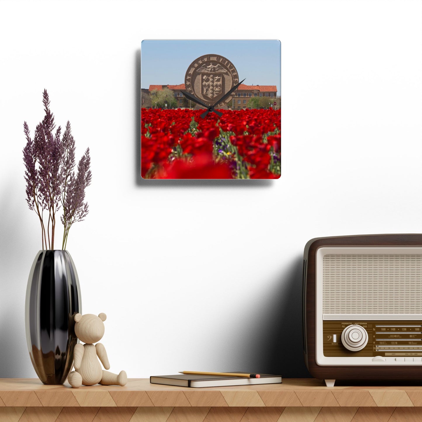 Texas Tech Inspired Floral Field Wall Clock | Acrylic Round or Square Clock | 8” or 10.75” Sizes | Red Poppy Landscape Clock | Dorm & Office Decor