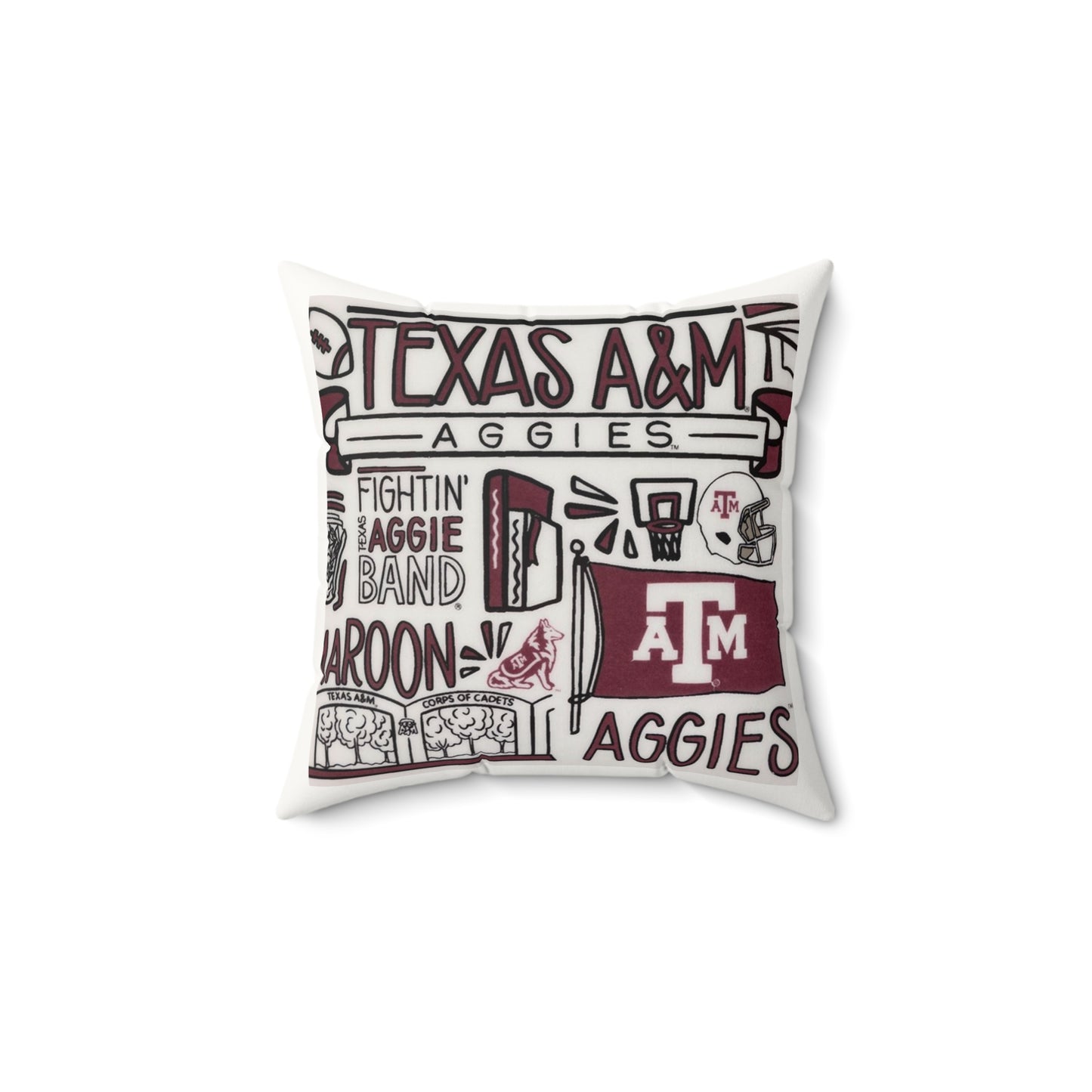 Aggies Illustrated Faux Suede Pillow | Texas Doodle Art Throw Pillow | College Spirit Home Décor | Dorm Accessory