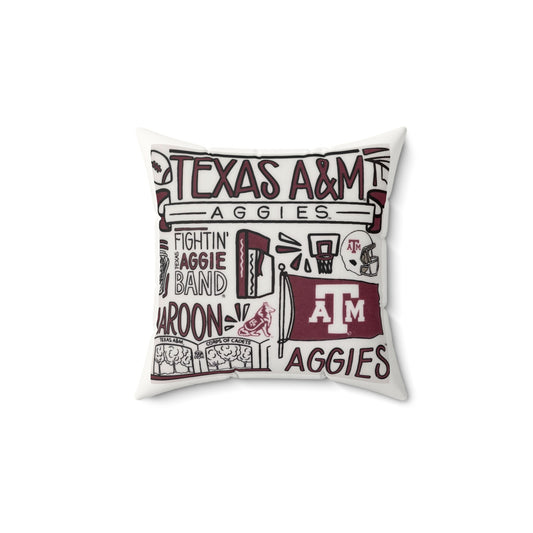 Aggies Illustrated Faux Suede Pillow | Texas Doodle Art Throw Pillow | College Spirit Home Décor | Dorm Accessory