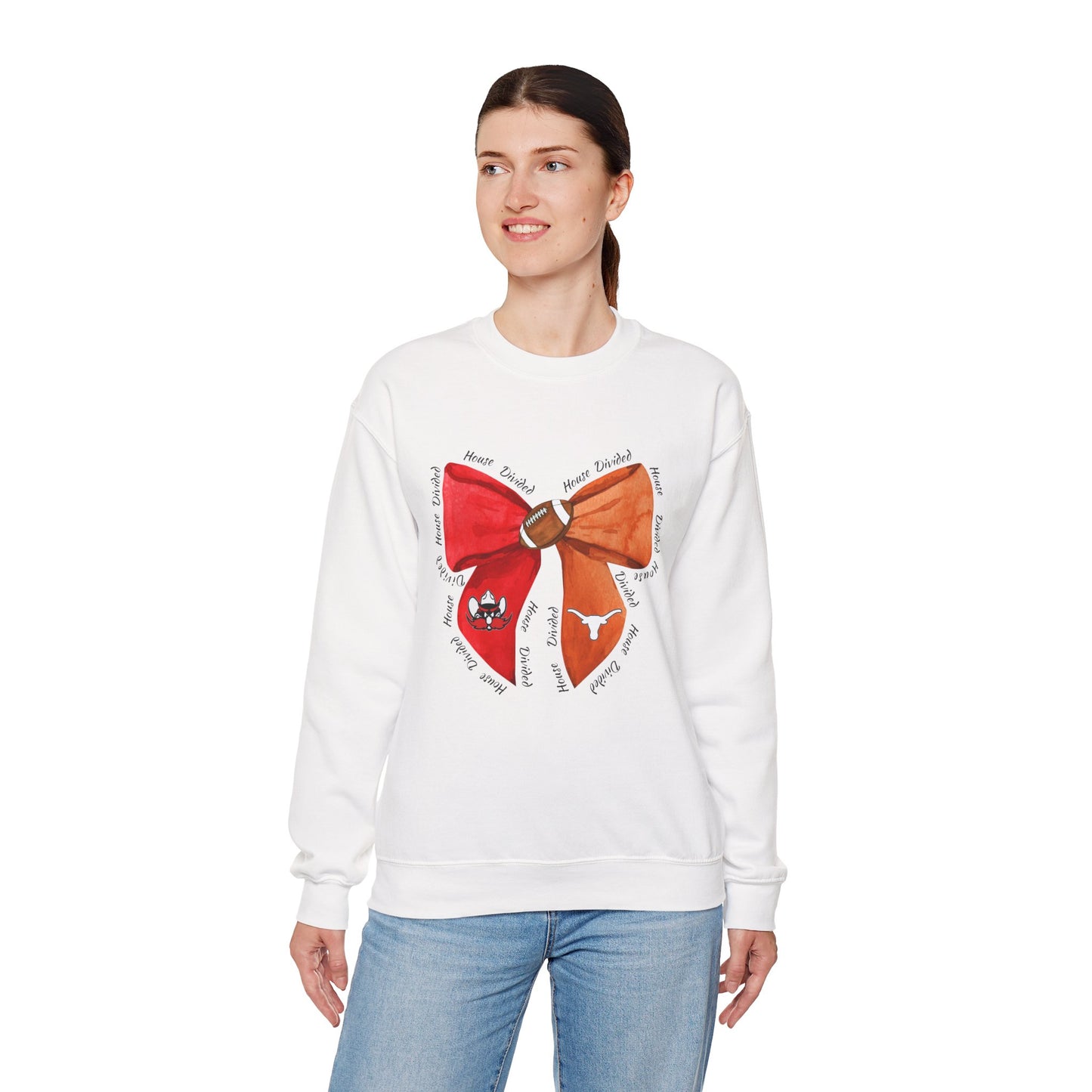 House Divided Bow Sweatshirt | Texas Rivalry Crewneck | Cute Game Day College Sweater | Red & Burnt Orange Bow