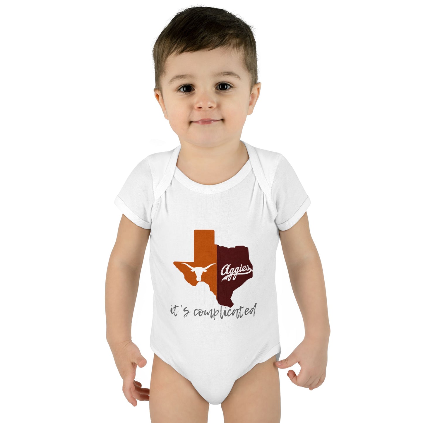 “It’s Complicated” Longhorns vs Aggies Baby Bodysuit – House Divided Infant One-Piece