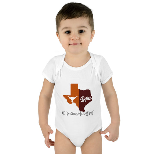 “It’s Complicated” Longhorns vs Aggies Baby Bodysuit – House Divided Infant One-Piece