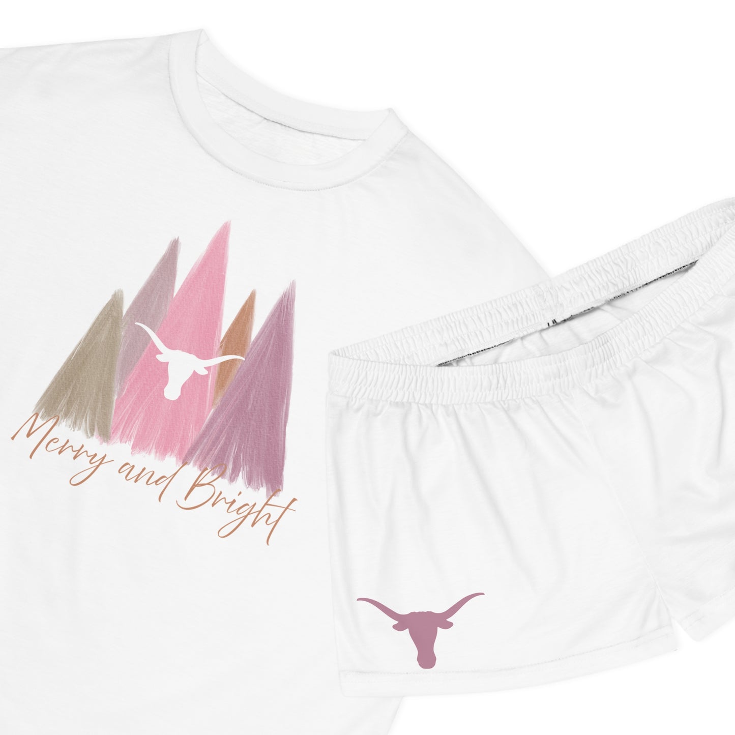 Texas Longhorns pastel Christmas pajama set with shorts, Merry and Bright, Holiday Sleepwear, University of Texas, Longhorns, Gift for Her