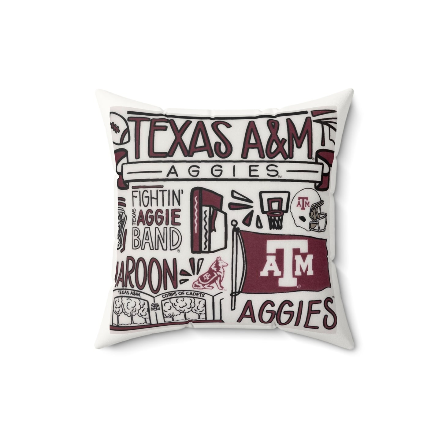 Aggies Illustrated Faux Suede Pillow | Texas Doodle Art Throw Pillow | College Spirit Home Décor | Dorm Accessory