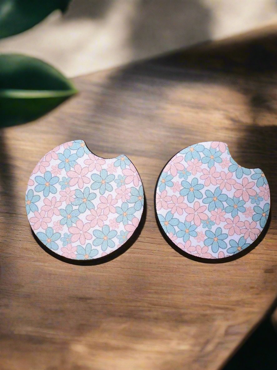 Pink and Blue Daisy Car Coasters