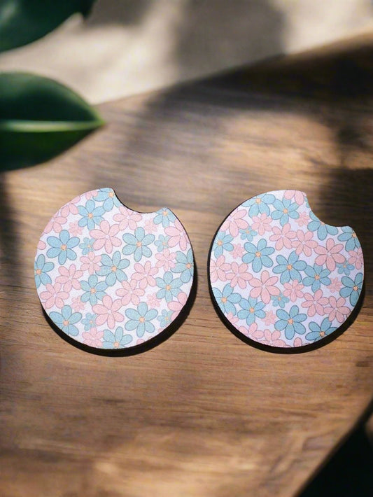 Pink and Blue Daisy Car Coasters
