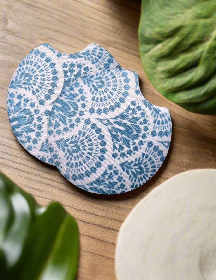 Blue Floral Fan Car Coasters