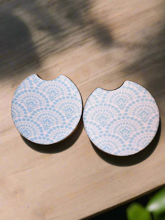 Light Blue Floral Fan Car Coasters
